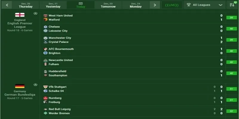 Mục LiveScore cập nhật trận đấu nhanh